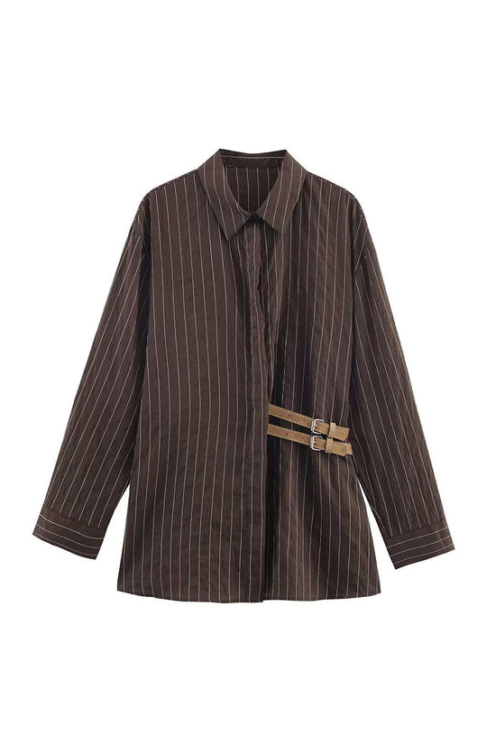 Striped Buckle Accent Long Sleeve Shirt