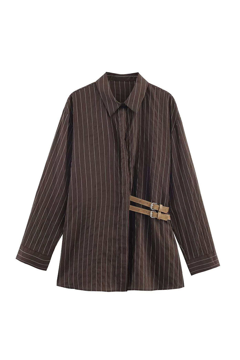 Striped Buckle Accent Long Sleeve Shirt