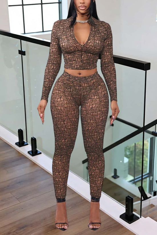 Chic Patterned Long Sleeve Pants Set