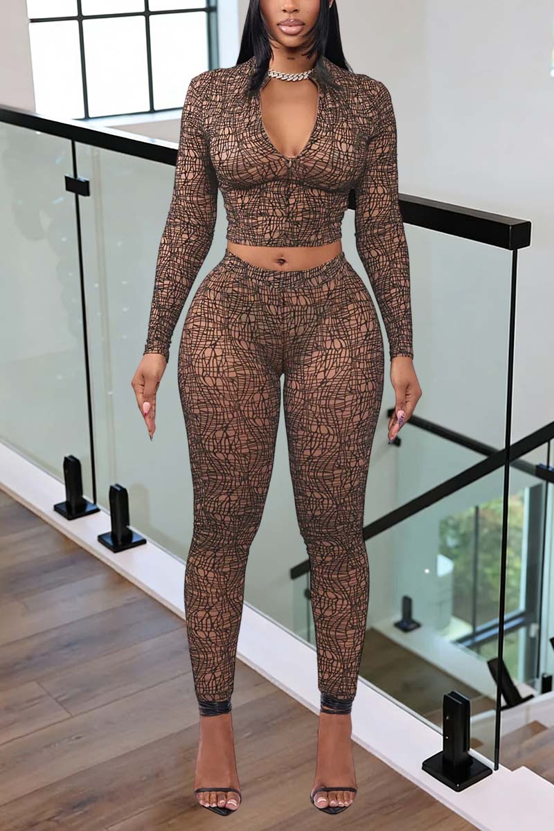 Chic Patterned Long Sleeve Pants Set