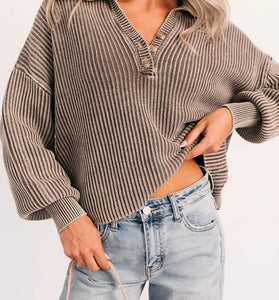 Collared Striped Button-Up Knit Top