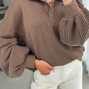 Cozy Waffle Knit Button Sweatshirt