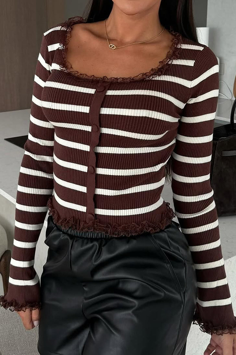Striped Button-Up Cardigan with Lace Trim
