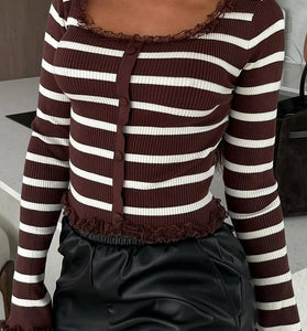 Striped Button-Up Cardigan with Lace Trim