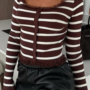Striped Button-Up Cardigan with Lace Trim