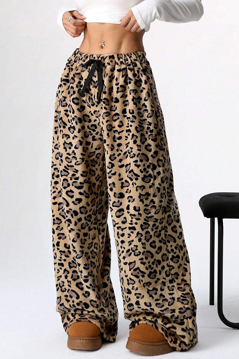 Leopard Print Drawstring Casual Pants