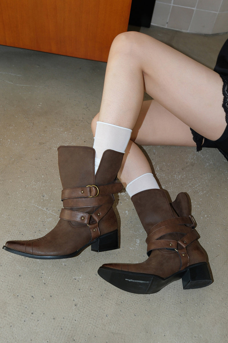 Western Style Buckled Ankle Boots