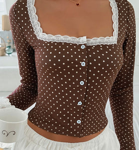 Polka Dot Lace Trim Button-Up Top