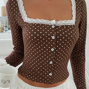 Polka Dot Lace Trim Button-Up Top