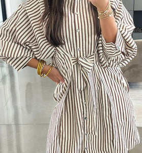 Striped Button-Down Tie Waist Dress