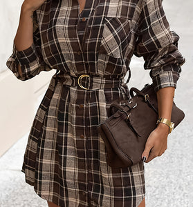 Belted Plaid Long Sleeve Shirt Dress