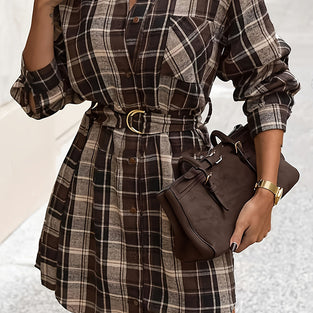 Belted Plaid Long Sleeve Shirt Dress