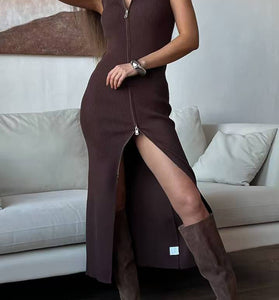 Zip-Up Sleeveless Ribbed Maxi Dress