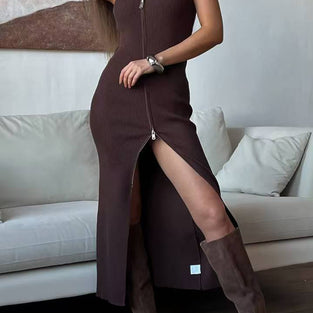 Zip-Up Sleeveless Ribbed Maxi Dress