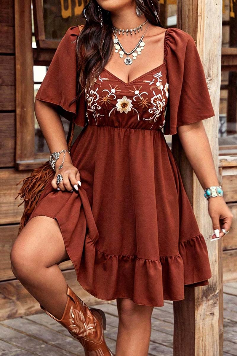 Printed Buckle Neck Flowy Dress