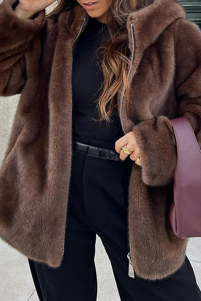 Hooded Faux Fur Zip-Up Coat