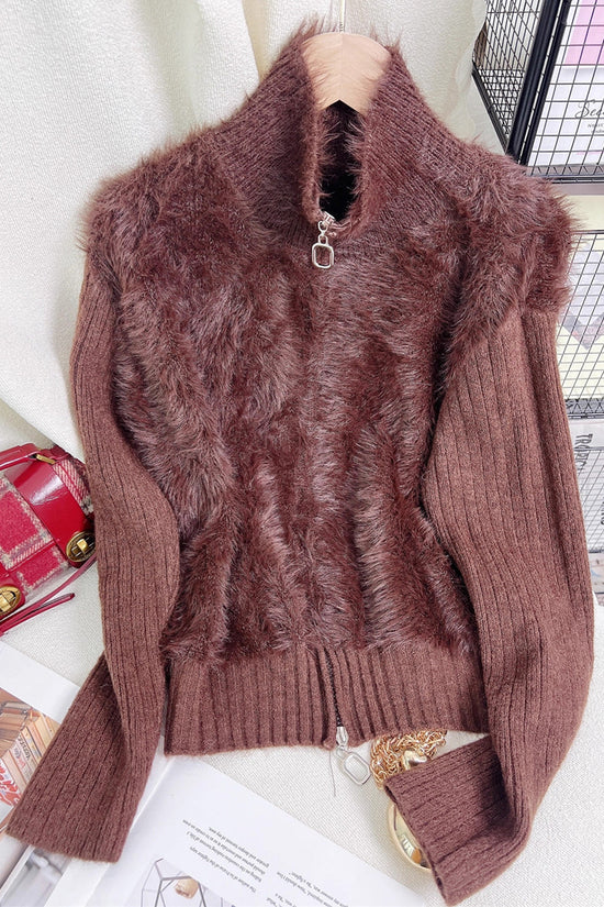 Zip-Up Mock Neck Fuzzy Cardigan