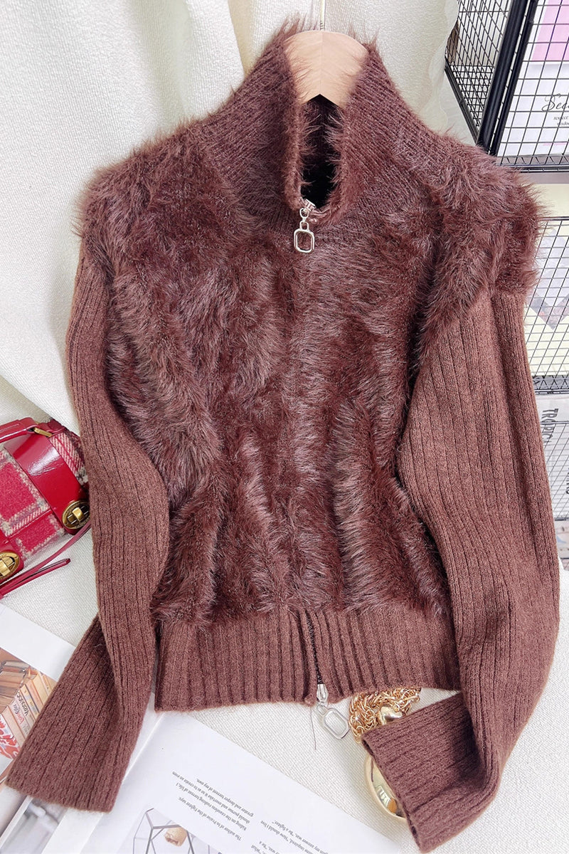 Zip-Up Mock Neck Fuzzy Cardigan