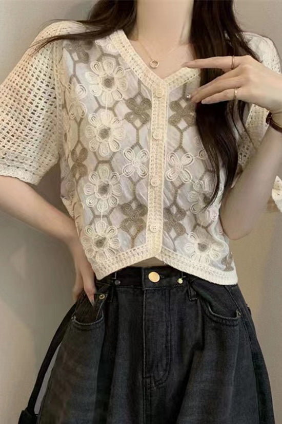 Floral Short Sleeve Button-Front Top