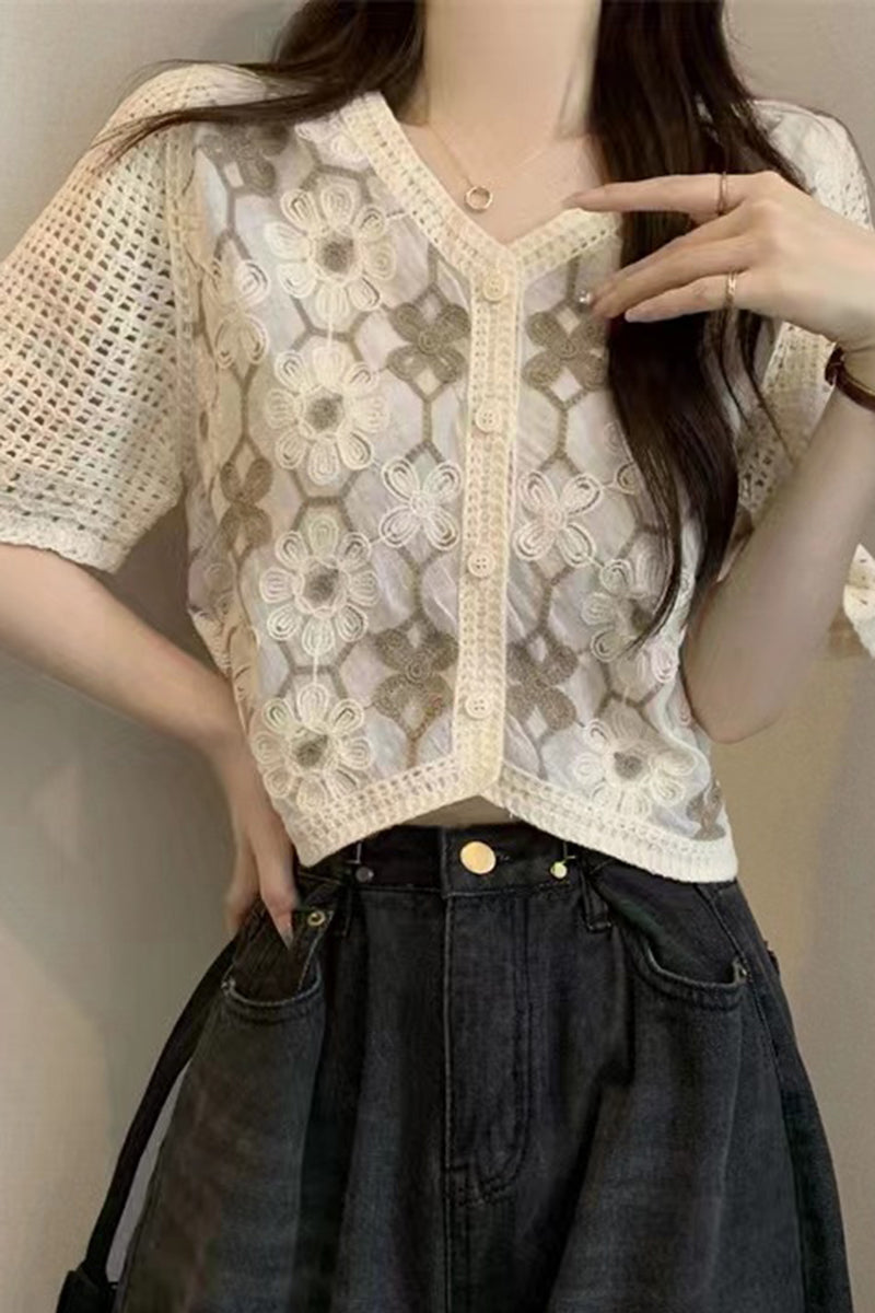 Floral Short Sleeve Button-Front Top