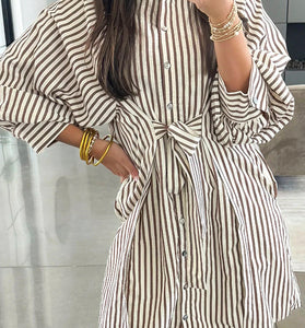Stripe Knot Waist Puff Sleeve Mini Shirt Dress