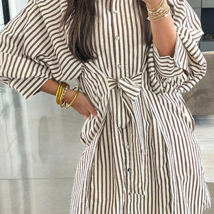 Stripe Knot Waist Puff Sleeve Mini Shirt Dress