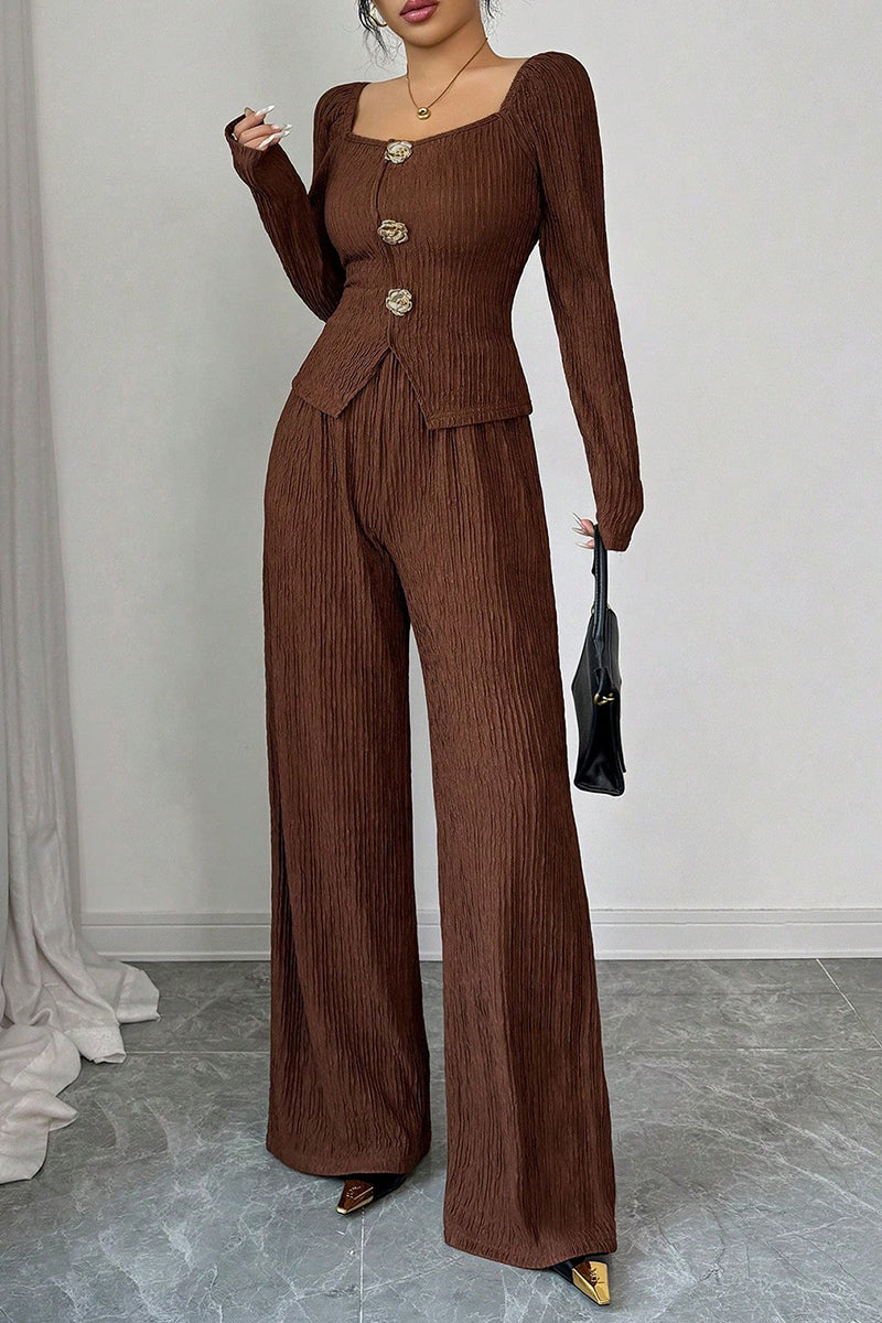 Textured Long Sleeve Buttoned Top and Pants Set