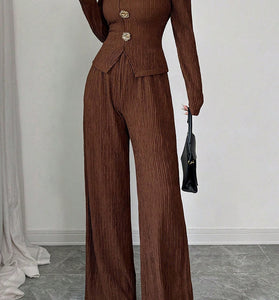 Textured Long Sleeve Buttoned Top and Pants Set