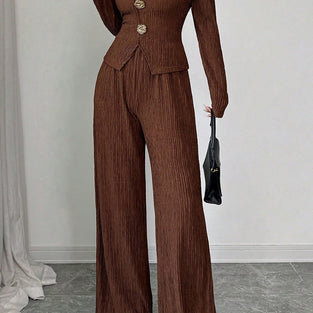 Textured Long Sleeve Buttoned Top and Pants Set