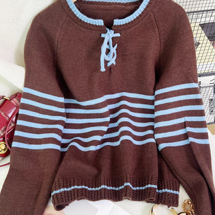 Striped Lace-Up Sweater