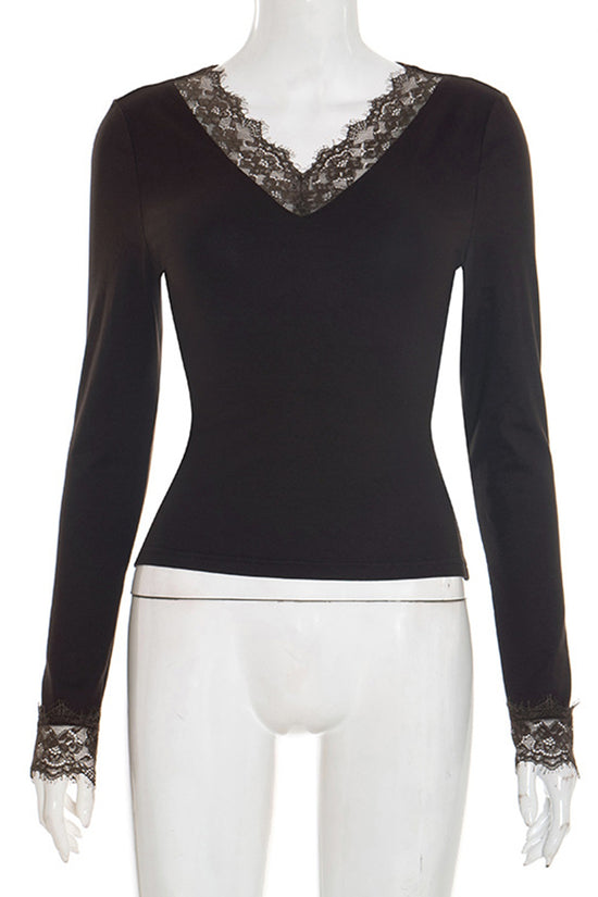 Lace Trim V-Neck Long Sleeve Top