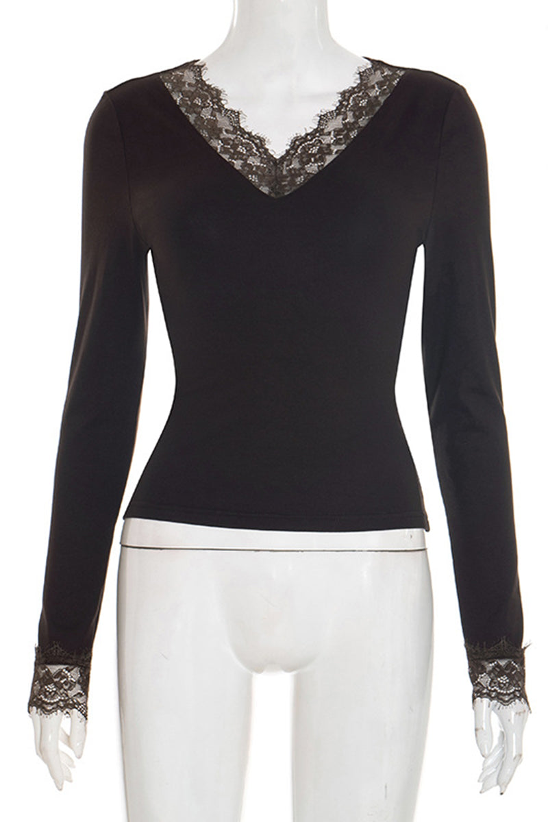 Lace Trim V-Neck Long Sleeve Top