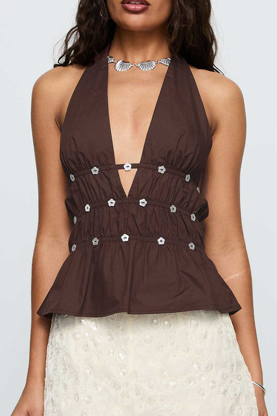 Embellished V-Neck Halter Peplum Top