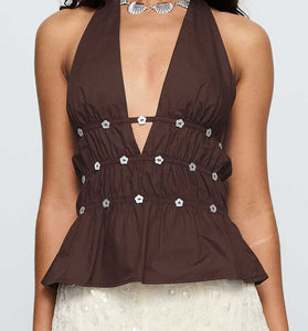 Embellished V-Neck Halter Peplum Top
