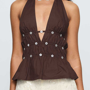 Embellished V-Neck Halter Peplum Top