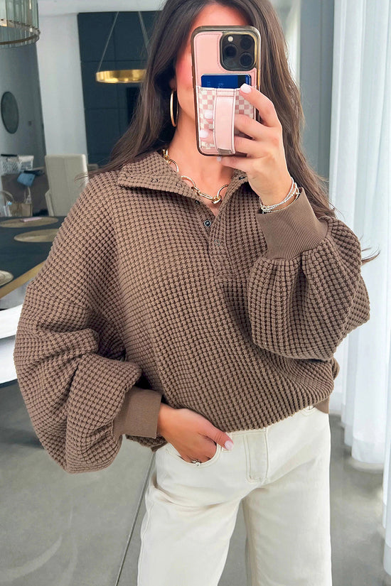 Cozy Waffle Knit Button Sweatshirt