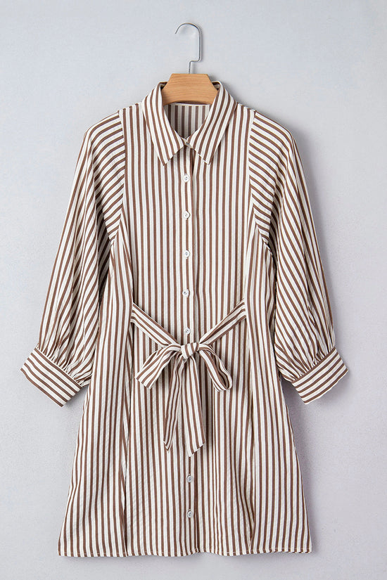 Stripe Knot Waist Puff Sleeve Mini Shirt Dress