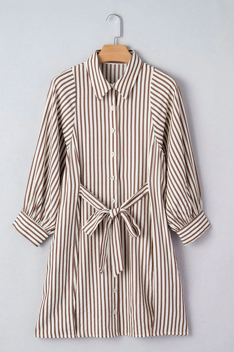 Stripe Knot Waist Puff Sleeve Mini Shirt Dress