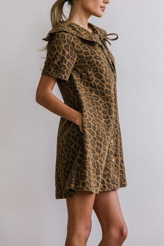 Animal Print Denim Dress with Collar