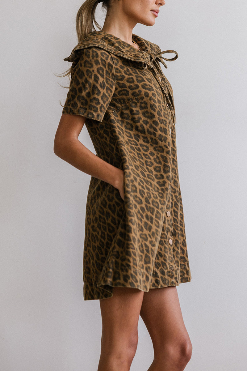 Animal Print Denim Dress with Collar