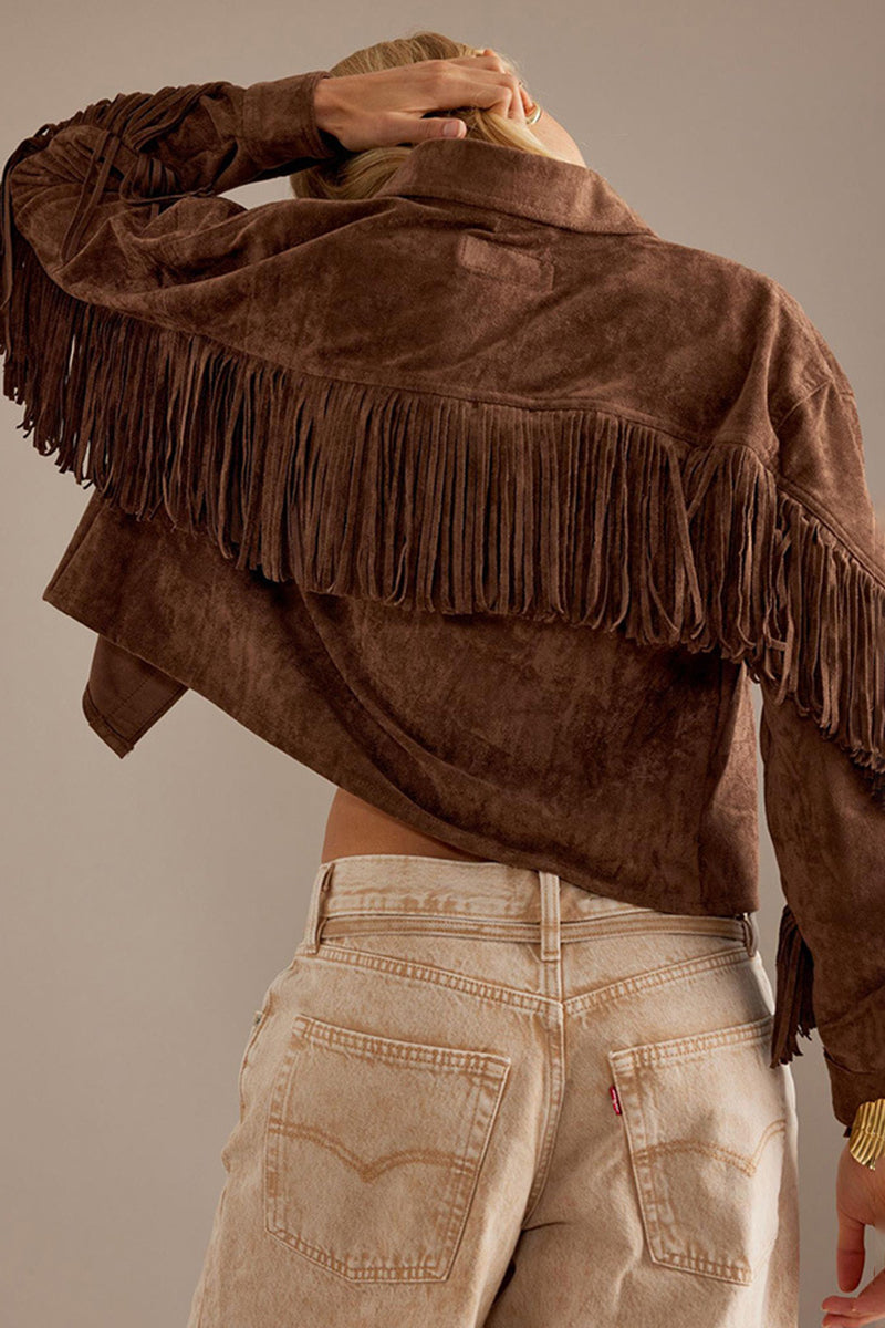 Fringe Detail Button-Up Suede Jacket