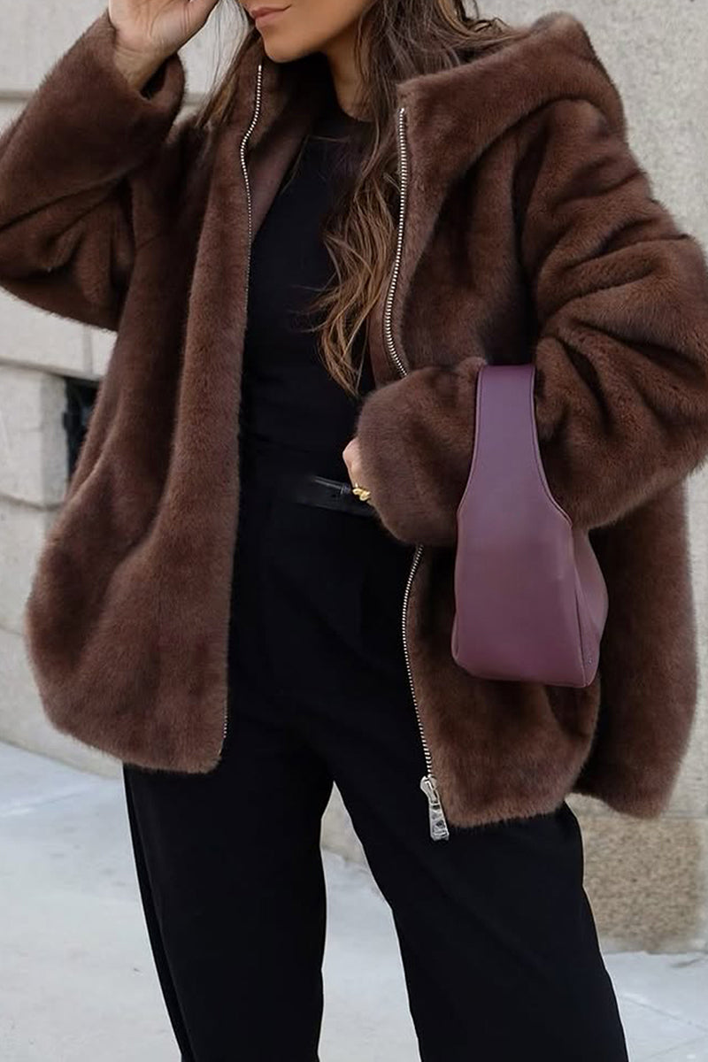 Hooded Faux Fur Zip-Up Coat