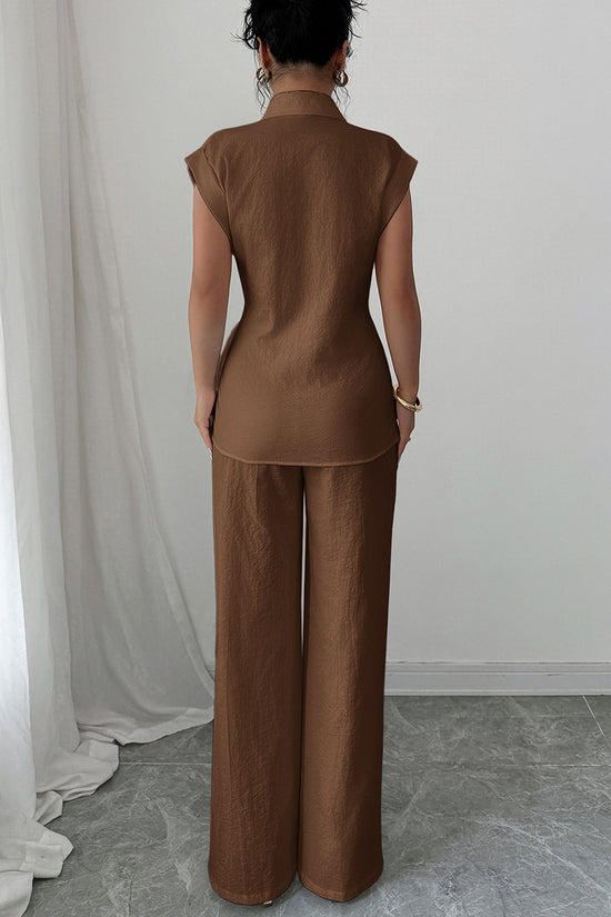Elegant Sleeveless Shirt and Wide-Leg Pants Set