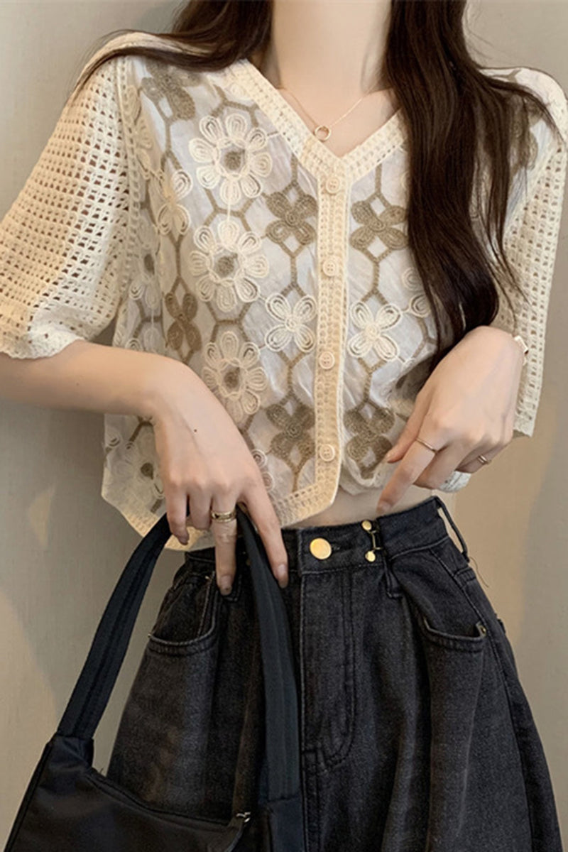 Floral Short Sleeve Button-Front Top