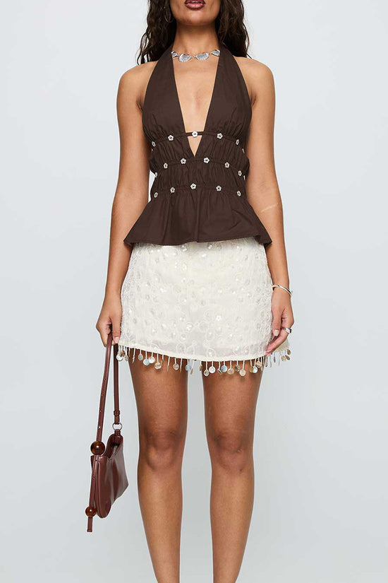 Embellished V-Neck Halter Peplum Top