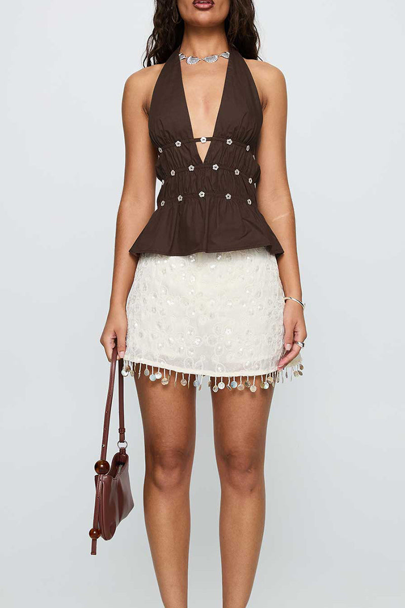 Embellished V-Neck Halter Peplum Top