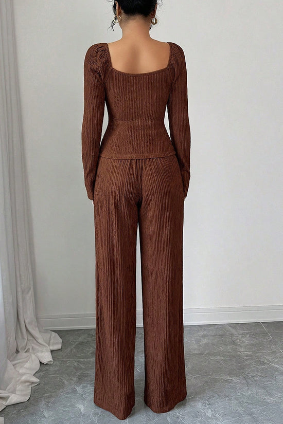 Textured Long Sleeve Buttoned Top and Pants Set