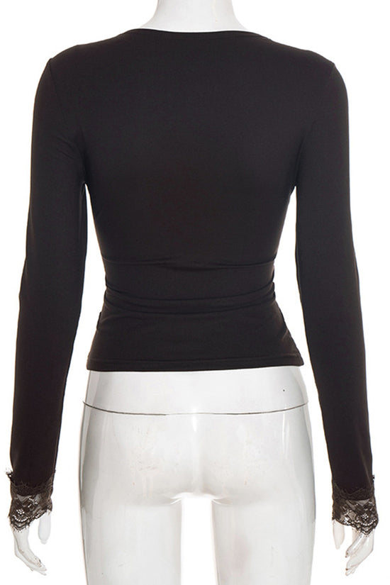 Lace Trim V-Neck Long Sleeve Top