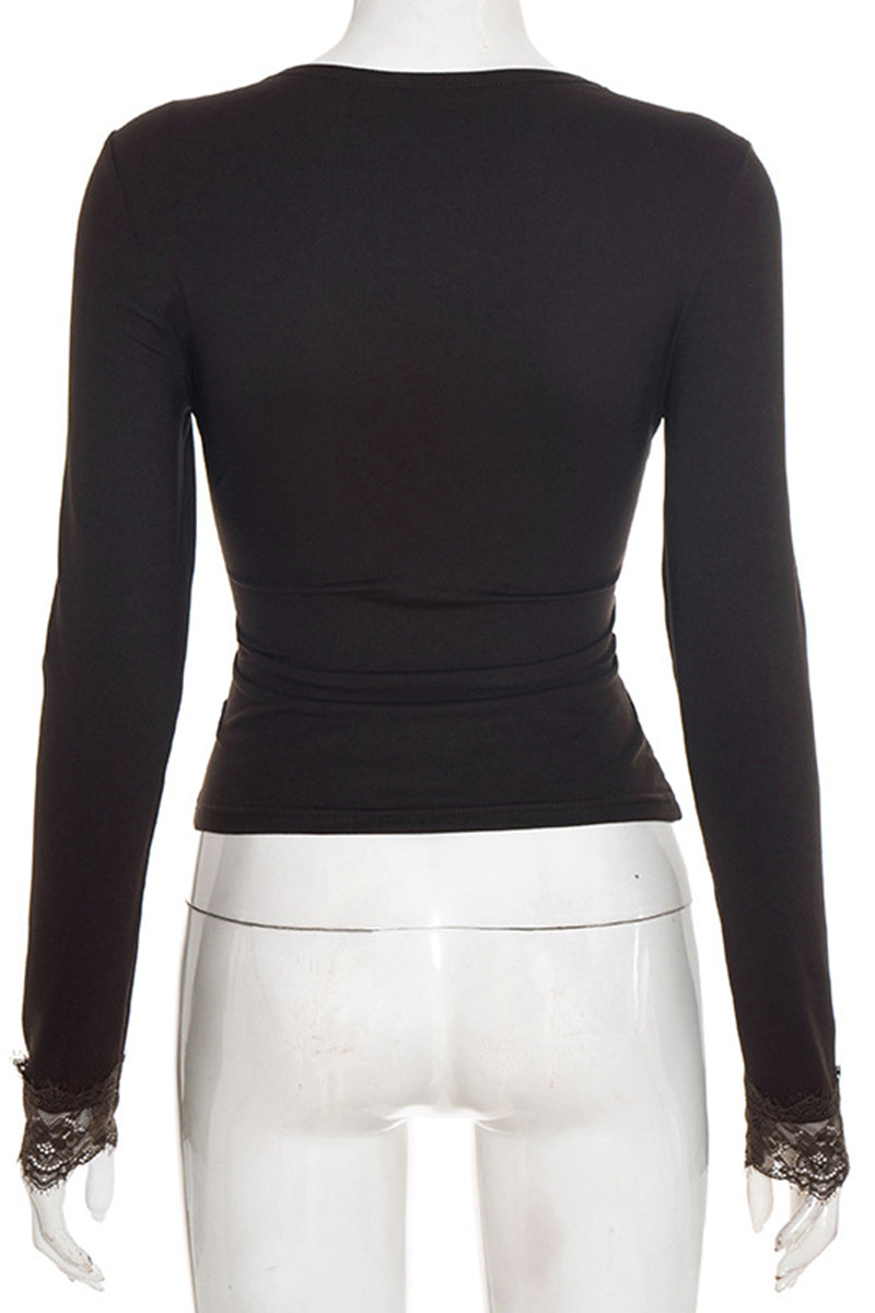 Lace Trim V-Neck Long Sleeve Top