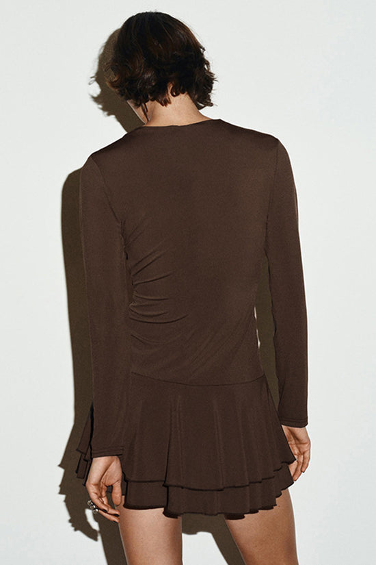 Plunge Neck Long Sleeve Ruffled Casual Dress